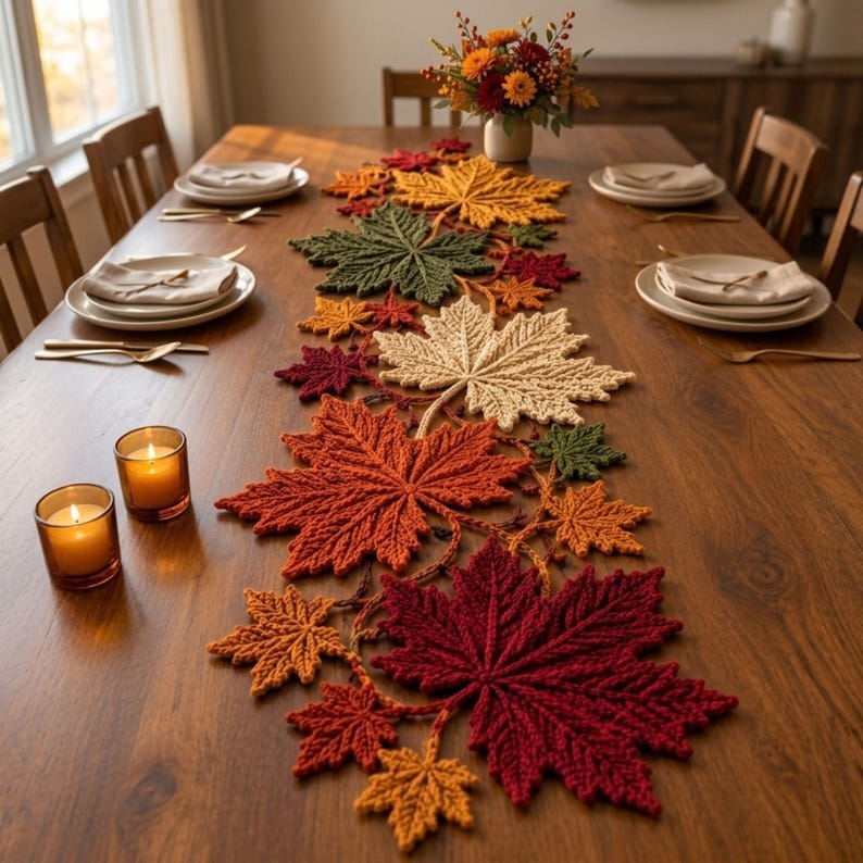 Maple Leaf Crochet Table Runner Pattern PDF, Autumn Botanical Table Decor