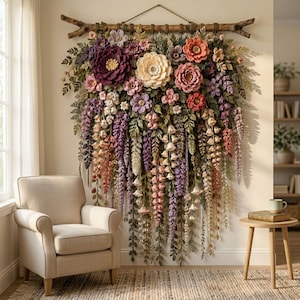 Crochet Flower Wall Hanging Pattern PDF, Layered Botanical Garland with Wisteria Vines