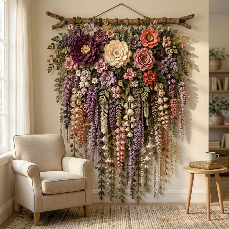 Crochet Flower Wall Hanging Pattern PDF, Layered Botanical Garland with Wisteria Vines