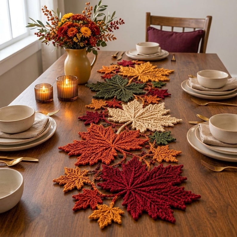 Maple Leaf Crochet Table Runner Pattern PDF, Autumn Botanical Table Decor