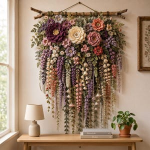 Crochet Flower Wall Hanging Pattern PDF, Layered Botanical Garland with Wisteria Vines