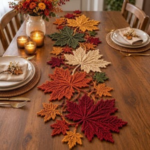 Maple Leaf Crochet Table Runner Pattern PDF, Autumn Botanical Table Decor