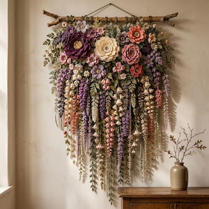 Crochet Flower Wall Hanging Pattern PDF, Layered Botanical Garland with Wisteria Vines