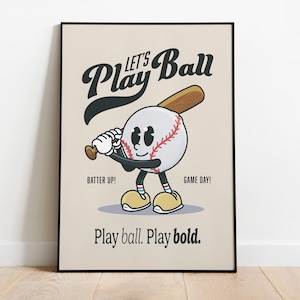 Decoração de parede de personagem retrô de beisebol, arte de parede com citação inspiradora retrô, pôster, pôster vintage, pôster de beisebol vintage, liga infantil
