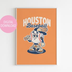 Houston Baseball Retro Character Wall Decor, Retro Houston Baseball Wall Art, Digital Download Print, Vintage Poster, Baseball Poster