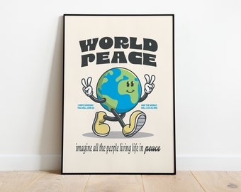 Décoration murale de personnage rétro de la paix mondiale, art mural de citation inspirante rétro, impression en téléchargement numérique, affiche vintage, affiche de la paix mondiale