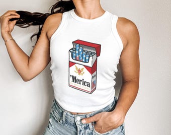 Regata feminina estilo nadador com nervuras 4 de julho, regata americana, regata feminina estética vermelha, branca e azul, regata vintage moderna 4 de julho