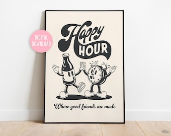 Happy Hour Retro Character Wall Decor, Retro Inspirational Quote Wall Art, Digital Download Print, Vintage Poster, Beer Poster, Bar Decor