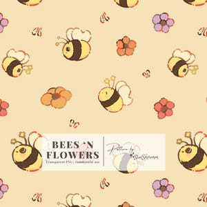 Kawai Bees and Flowers Seamless Pattern - Cute Ribbon Bow Digital Repeat Pattern.(Transparent PNG)
