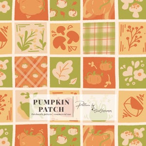 Naadloze pompoenpatroon: herfstoogst digitaal papier, gezellige herfstpatchwork, handgetekend. (Digitale download)