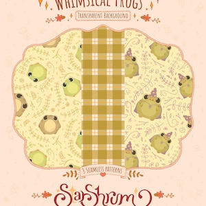 Puede incluir: Patrón digital con ilustraciones de ranas caprichosas, un diseño de cuadros amarillos y marrones y el texto "WHIMSICAL FROGS" y "SarShrm". El fondo es de color melocotón claro. Incluye 3 patrones sin costuras.