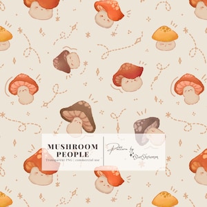 May include: A repeating pattern of cartoon mushrooms in shades of orange, brown, and yellow on a cream background. The mushrooms have smiling faces and are interspersed with stars and dotted lines. The text "Mushroom People" is visible.