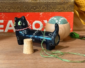 Porta aghi da cucito in ceramica fatto a mano/ciondoli a forma di gatto nero/strumento per ricamo