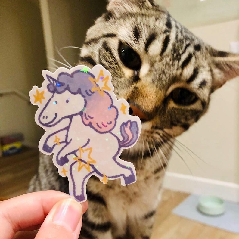 May include: A sparkly iridescent unicorn sticker with a pink mane and tail, held by a hand in front of a tabby cat.