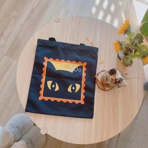 Black cat tote bag/cotton canvas/cat stamp/Halloween cat bag/ grocery bag/ cat person gift/skull/mummy/ghost