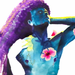 Puede incluir: Pintura acuarela de una persona con cabello largo morado y un cuerpo azul. La persona está adornada con flores y hojas. La pintura está firmada "Airen 2021".