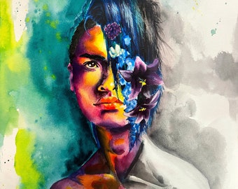 Lakota Two-Spirit Portrait | "True Colors #10" | Colorful Expressive Mixed Media Watercolor Painting by Disabled, Trans Artist