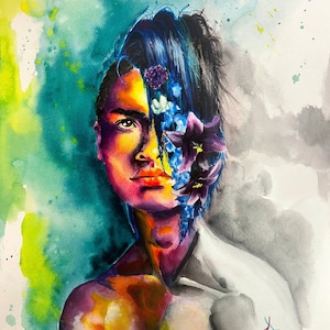 Lakota Two-Spirit Person | &quot;True Colors #10&quot; | Colorful Expressive Mixed Media Watercolor Painting by Disabled, Trans Artist