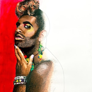 May include: A painting of a person with a shaved head and a curly brown hairstyle. The person is wearing colorful jewelry and has a beard. The background is a gradient of red and white.