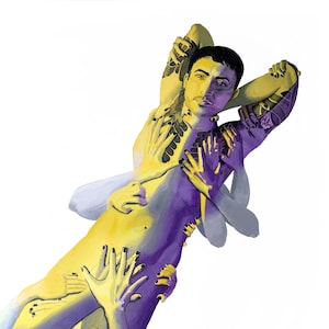 May include: A painting of a person with multiple hands reaching towards them. The person is painted in shades of yellow and purple, with the hands in shades of gray and purple.