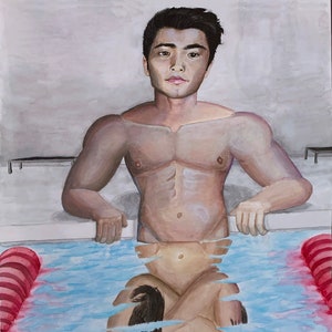 May include: A watercolor painting of a person sitting on the edge of a swimming pool. The person is looking directly at the viewer. The person's reflection is visible in the water, and the reflection is upside down. The water is blue and there are red and white pool noodles in the water.