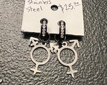 Trans Rhinestone Earrings (Black, Gold, or Silver) | Stainless Steel Hoops with Transgender Pride Pendants | Jewelry by Trans Artist