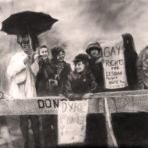 The First Pride | Charcoal Drawing of the First Pride Gathering After the Stonewall Riot | Art Print in Black and White | LGBTQIA+ History