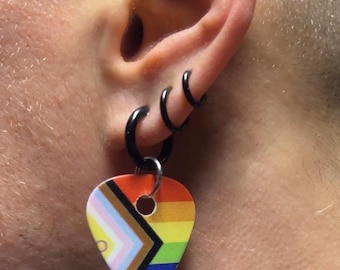 Rainbow Guitar Pick Progressive Pride Earrings (Black, Gold, or Silver) | Stainless Steel | Sold as Matching Pair | Jewelry by Trans Artist