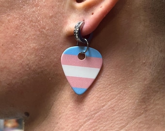 Trans Guitar Pick Earrings (Black, Gold, or Silver) | Stainless Steel + Rhinestones | Jewelry by Trans Artist