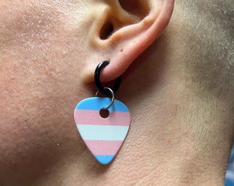 Trans Guitar Pick Earrings (Black, Gold, or Silver) | Stainless Steel | Sold as Matching Pair | Jewelry by Trans Artist