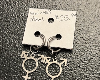 Trans Hoop Earrings (Black, Gold, or Silver) | Stainless Steel Hoops with Transgender Pride Pendants | Jewelry by Trans Artist