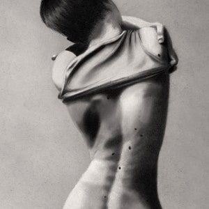 Drawing of FTM Unbinding, Charcoal on Gray Paper by Transgender Artist | a Black and White Monochrome Art Print of Trans Chest Binding