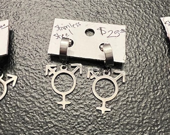 Trans Rhinestone Earrings (Black, Gold, or Silver) | Stainless Steel Hoops with Transgender Pride Pendants | Jewelry by Trans Artist