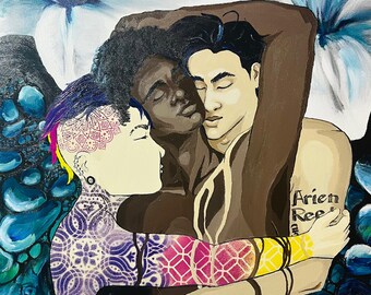 Trans Woman Embraced by Lovers | "Loving" | Painting of Unity and Love by Arien Reed