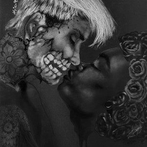 Trans Man & Trans Woman brush lips in my black and white charcoal drawing | Queer Artwork by Transgender Artist