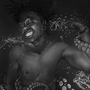 May include: A black and white drawing of a person with dreadlocks, submerged in water. The person is struggling against an octopus with tentacles wrapped around their body.