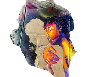 Home | painting of Queer, Black couple lovingly embracing each other | Artwork by Transgender Artist Arien Reed