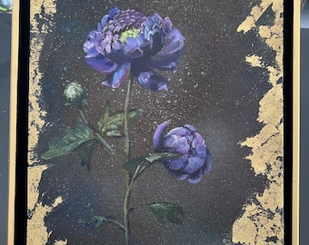 Moments of Transition | canvas print of my acrylic painting of three-pronged Peony Flower with gold leaf in gold floater frame