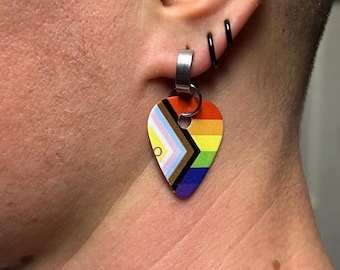 Pride Guitar Pick Earrings (Black, Gold, or Silver) Stainless Steel Hoops | Progressive Pride | Jewelry by Trans Artist