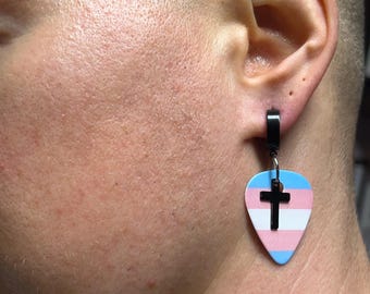 Trans Christian/Catholic Guitar Pick Earrings (Black, Gold, or Silver) | Stainless Steel | Sold as Matching Pair | Jewelry by Trans Artist