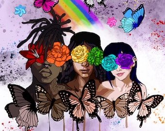Diversity Incarnate | Drawing of Queer People, Rainbow Flowers, and Trans Pride Butterflies | Artwork by Transgender Artist Arien Reed