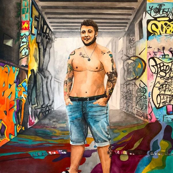 Painting of Trans Man and Graffiti by Transgender Artist | Art Print in Color | Queer LGBTQ Canadian Non-binary Portrait