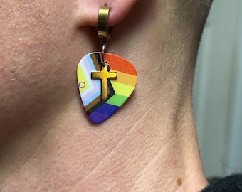 Pride + Christian/Catholic Guitar Pick Earrings (Black, Gold, or Silver) | Stainless Steel  | Sold as Matching Pair |  by Trans Artist
