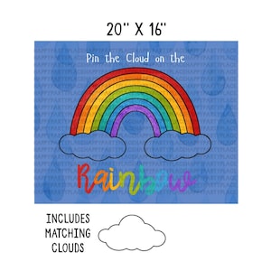 May include: A blue background with a rainbow and white clouds. The text "Pin the Cloud on the Rainbow" is written in black. The text "Includes Matching Clouds" is written in black. The image is 50.8 cm by 40.6 cm.