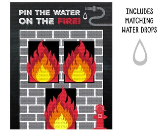 May include: A black and white game board with the text "Pin the Water on the Fire!" and three red flames. The game board is 16 inches by 20 inches. The game includes matching water drops.