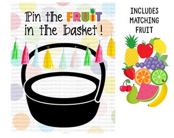 May include: A black and white printable game for a fruit-themed party. The game is called "Pin the Fruit in the Basket!" and includes a basket, fruit, and a banner with colourful tassels. The game is 40.6 cm by 50.8 cm and includes matching fruit.