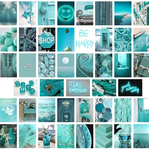 Assortiment de 50 impressions d'art esthétiques bleu sarcelle, impressions murales turquoise tendance, décoration de dortoir sarcelle, décoration murale esthétique sarcelle, collage mural sarcelle imprimable