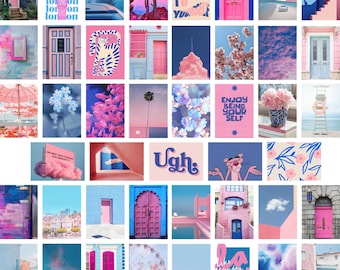 50PC impresiones de arte estético azul y rosa, impresiones de pared azul y rosa, dormitorio azul y rosa, estética azul y rosa, collage de pared imprimible