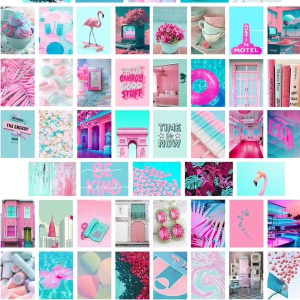 50PC Pink Teal Aesthetic Art Prints, Aqua Pink Dorm Decor, Turquoise Pink Aesthetics Wall Decor, DIY Pink and Teal Wall Collage, Mood Board