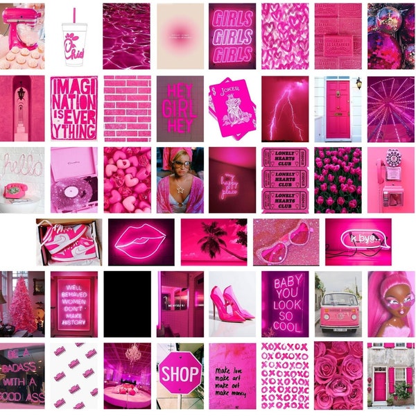 50PC Assorted Hot Pink Aesthetic Art Prints, Trendy Hot Pink Wall Prints, Pink Dorm Decor, Hot Pink Aesthetics Wall Decor, Pink Wall Collage